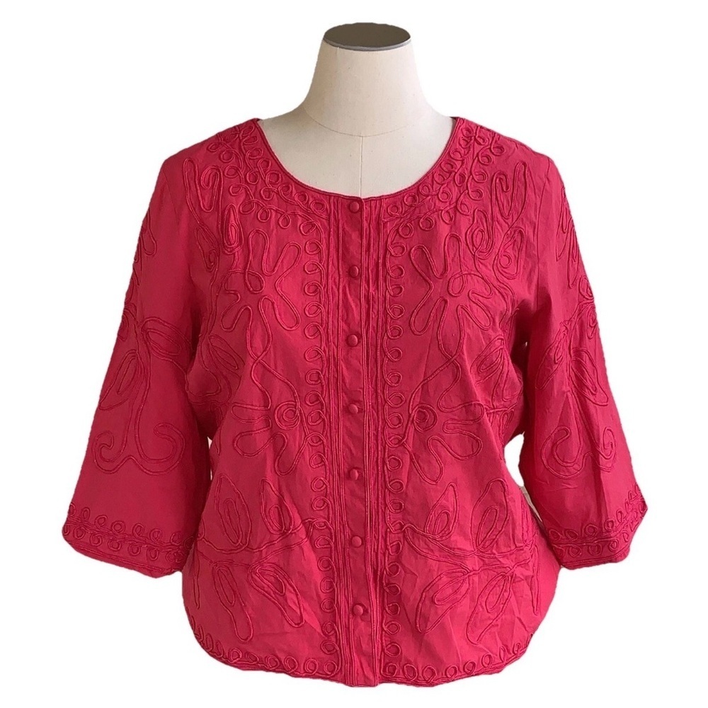 Bedford Fair Hot Pink Blazer Rope Embroidered 3/4 Sleeve Artsy Plus Size 1X